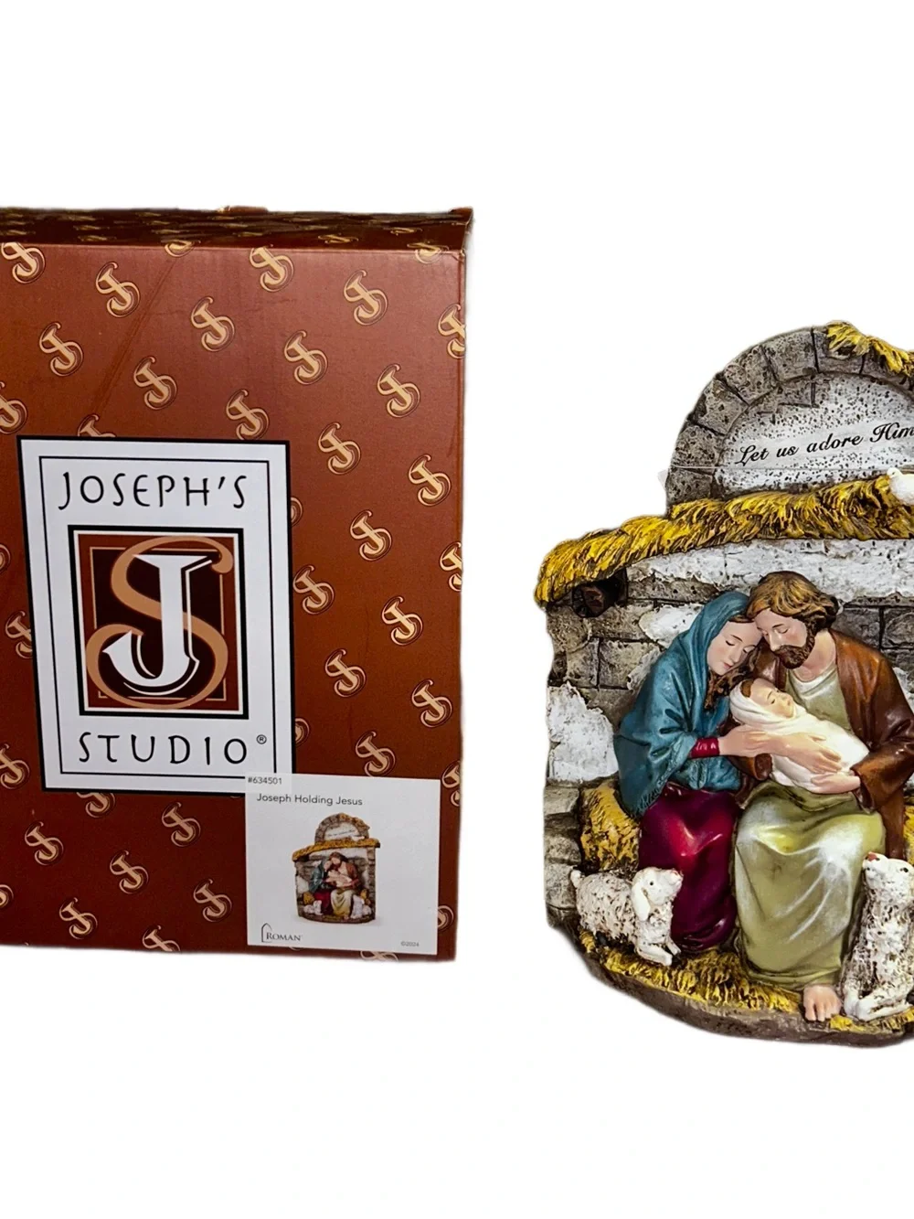 Roman ~ Mary and Joseph Holding Baby Jesus in Crèche with Lambs 10
